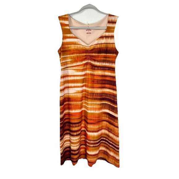 Prana Viana Sleeveless Dress Size Small Orange Brown Stripe Blurred Sunset Vneck - Picture 2 of 8